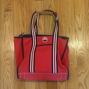 Tory Burch Red Canvas Tote with Navy and White Striped Handles